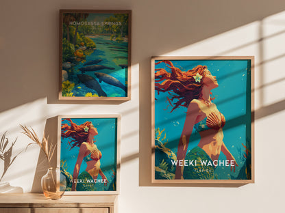 Three framed posters are displayed on a wall, featuring vibrant illustrations of mermaids and scenic springs. The central poster, titled Weeki Wachee, Florida, showcases a mermaid with flowing red hair, surrounded by lush aquatic scenery.