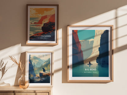 Three framed minimalist national park posters are displayed on a beige wall, featuring Hawaii Volcanoes, Great Smoky Mountains, and Big Bend.
