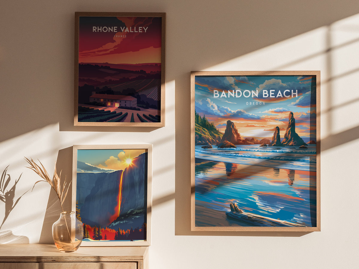 Bandon Beach, Oregon Poster | Sea Stacks & Sunset Travel Wall Art — styled in a modern interior