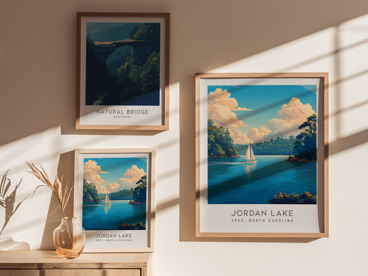 Jordan Lake Matte Border Poster | Apex, North Carolina Destination Print — styled in a modern interior