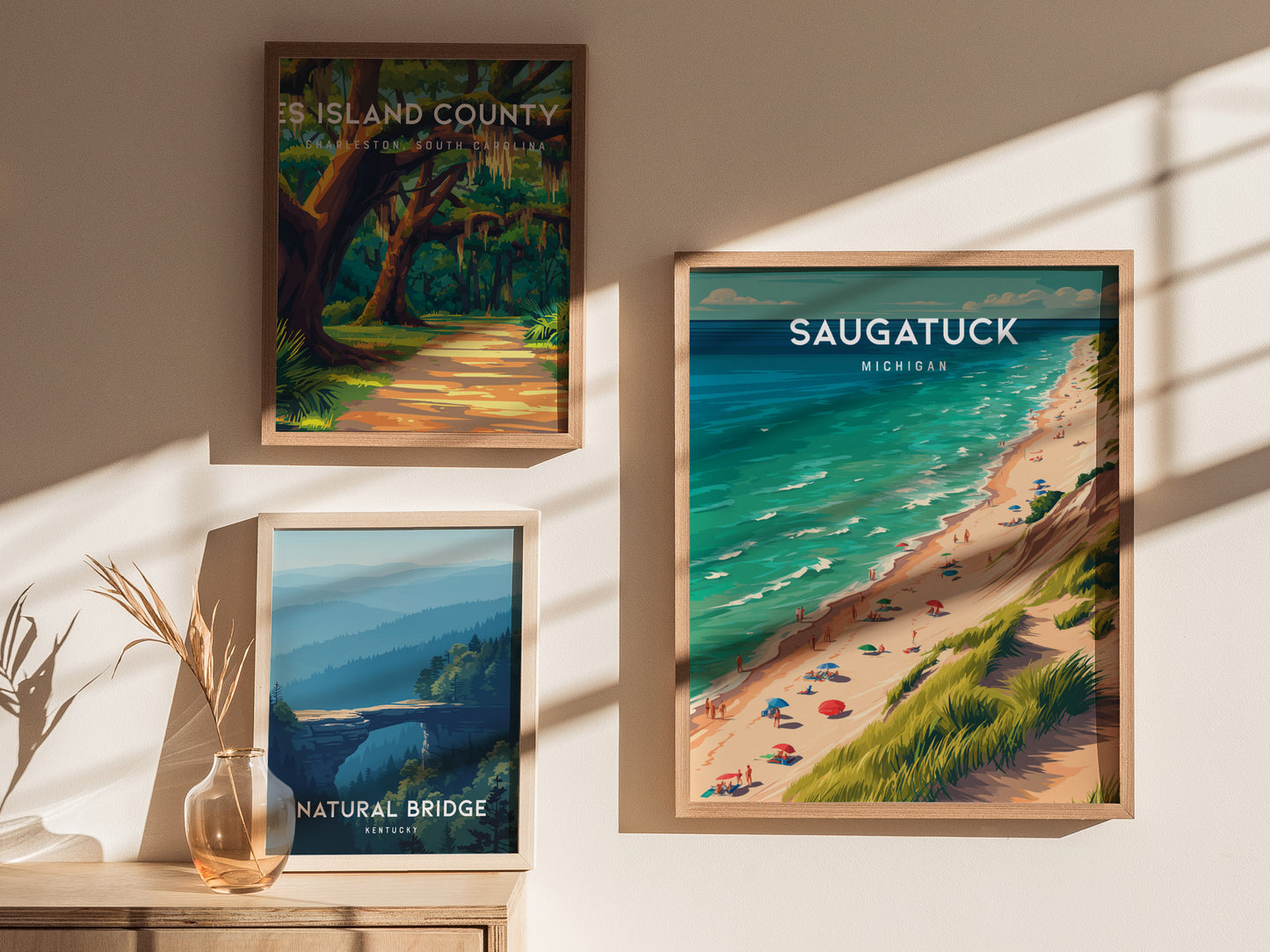 Saugatuck, Michigan Poster | Lakeside Dunes & Harbor Village Wall Art — styled in a modern interior