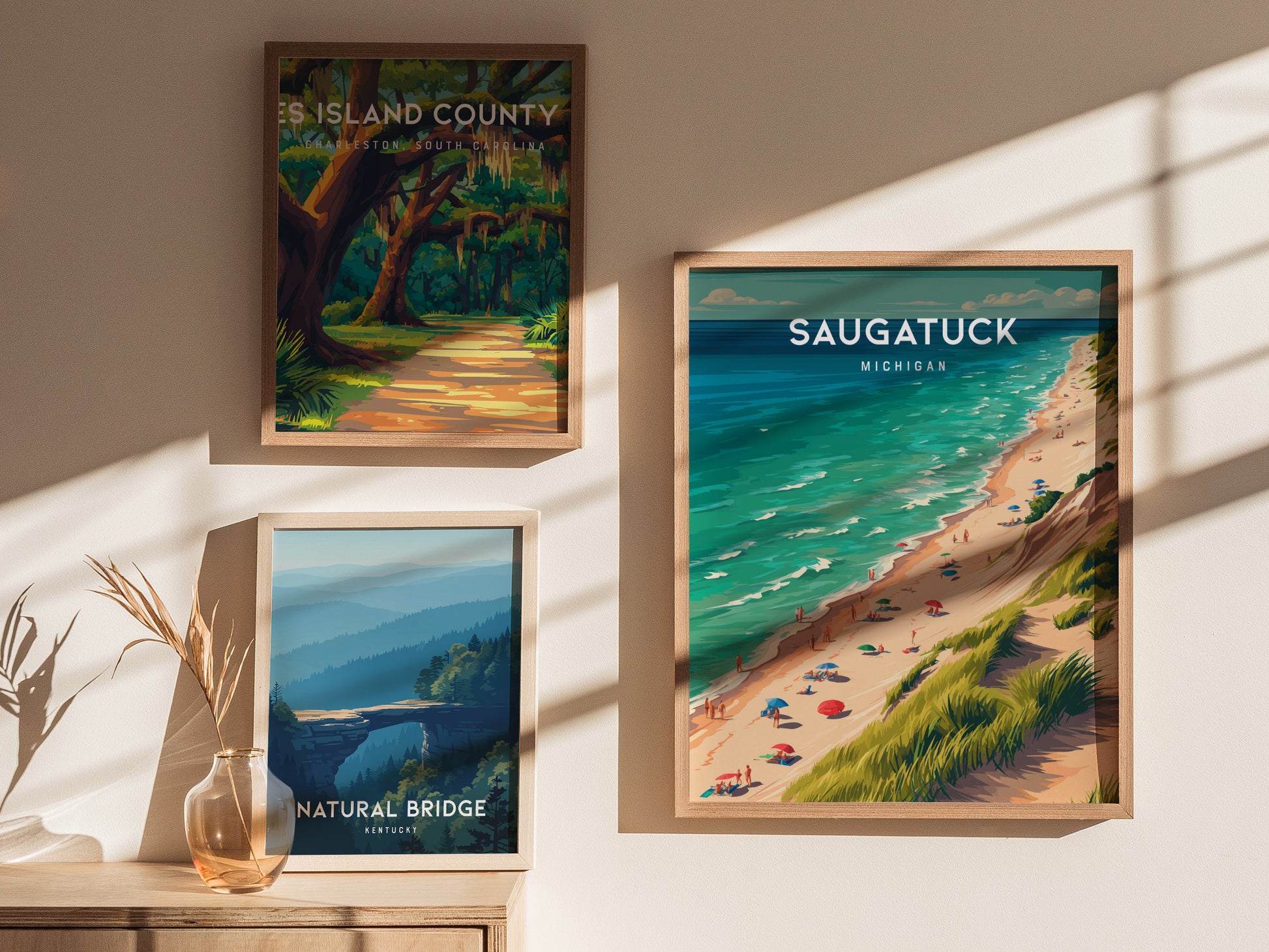 Saugatuck, Michigan Poster | Lakeside Dunes & Harbor Village Wall Art — styled in a modern interior