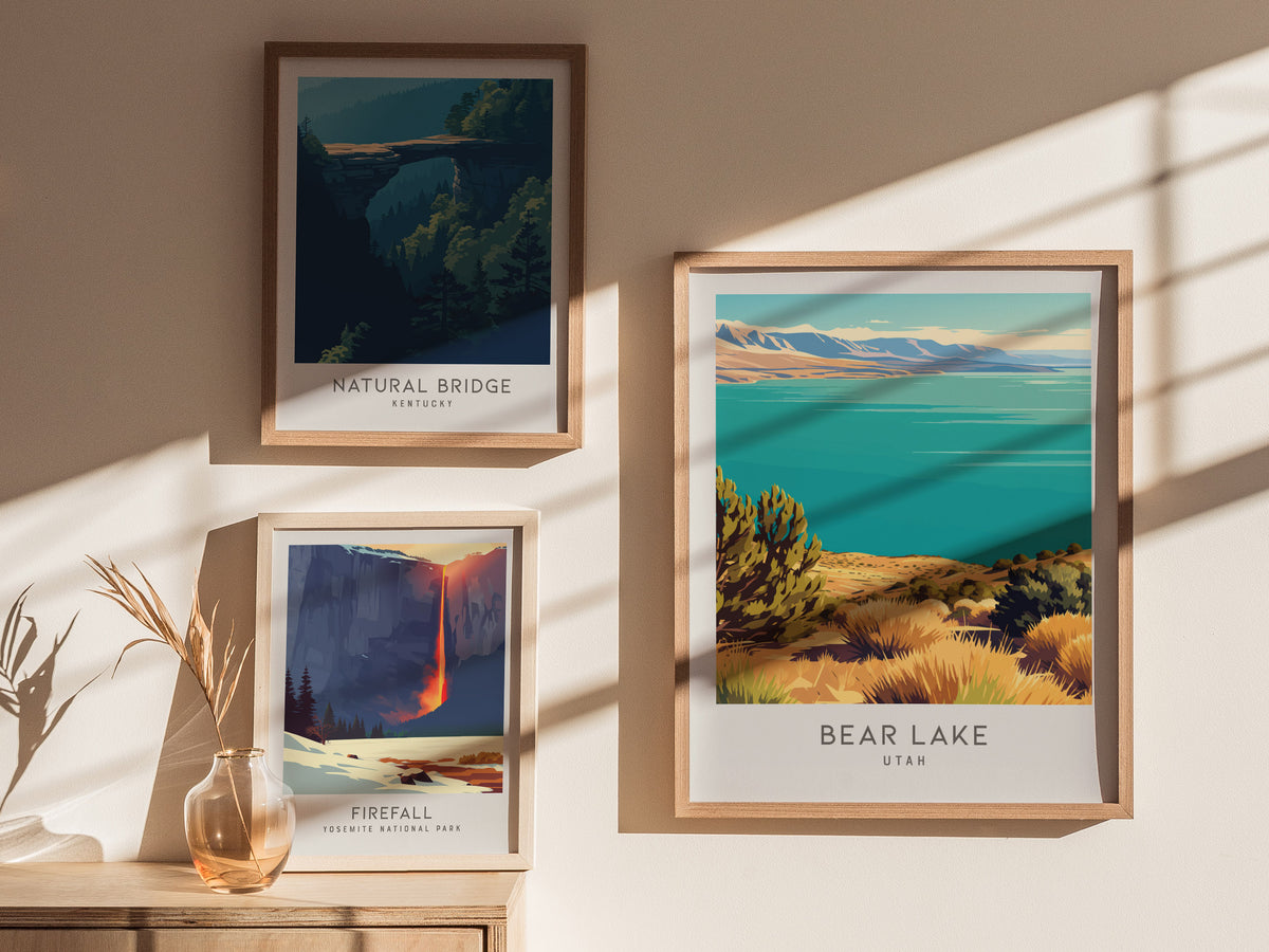 Bear Lake Matte Border Poster | Utah Travel Wall Art Coastal Beach Decor — styled in a modern interior