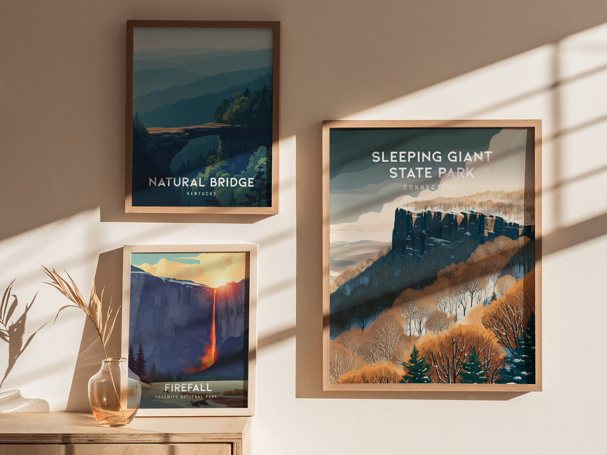 Sleeping Giant State Park, Connecticut Poster | Traprock Ridge Trail Destination Print Wall Art — styled in a modern interior
