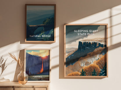 Sleeping Giant State Park, Connecticut Poster | Traprock Ridge Trail Destination Print Wall Art — styled in a modern interior