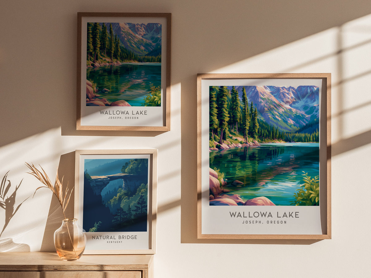 Wallowa Lake Matte Border Poster | Joseph, Oregon Travel Wall Art — styled in a modern interior