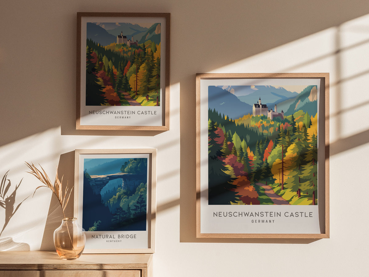 Neuschwanstein Castle Matte Border Poster | Germany Destination Print Travel Wall Art — styled in a modern interior
