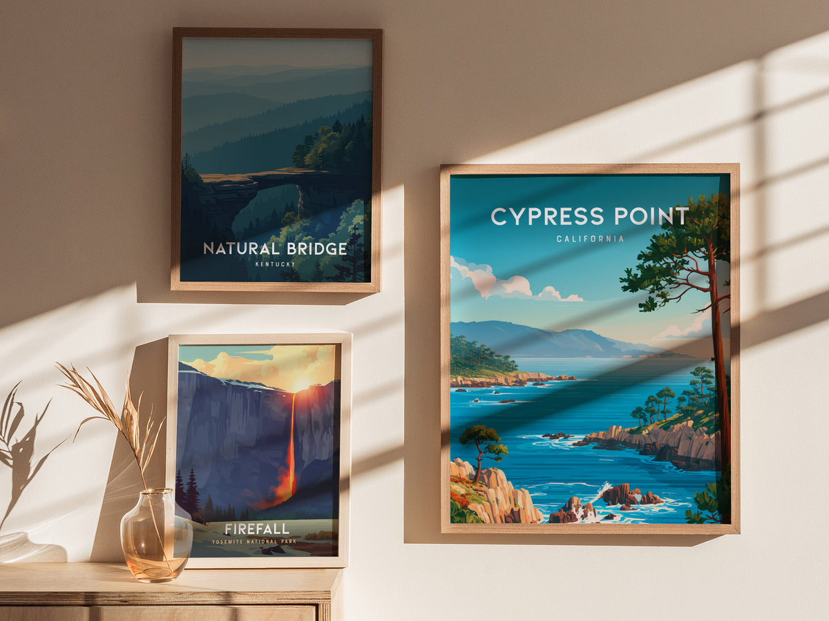 Cypress Point, California Poster | Coastal Beach Decor Travel Gift Wall Art — styled in a modern interior