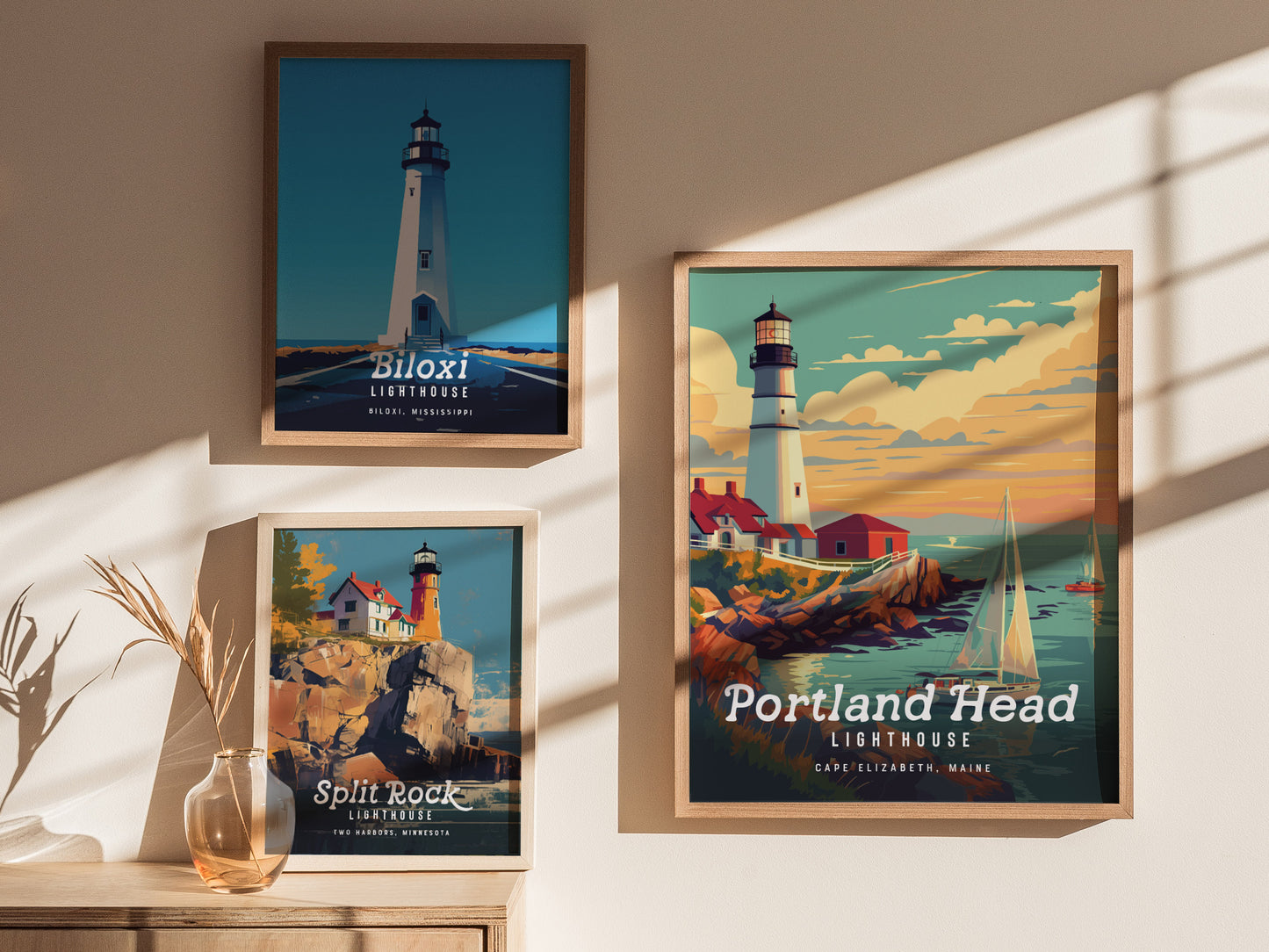 Three framed lighthouse posters are displayed on a wall, featuring Biloxi, Split Rock, and Portland Head lighthouses, each with vibrant coastal scenes and sunlight casting shadows.