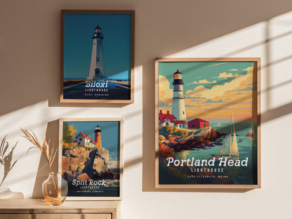 Three framed lighthouse posters are displayed on a wall, featuring Biloxi, Split Rock, and Portland Head lighthouses, each with vibrant coastal scenes and sunlight casting shadows.