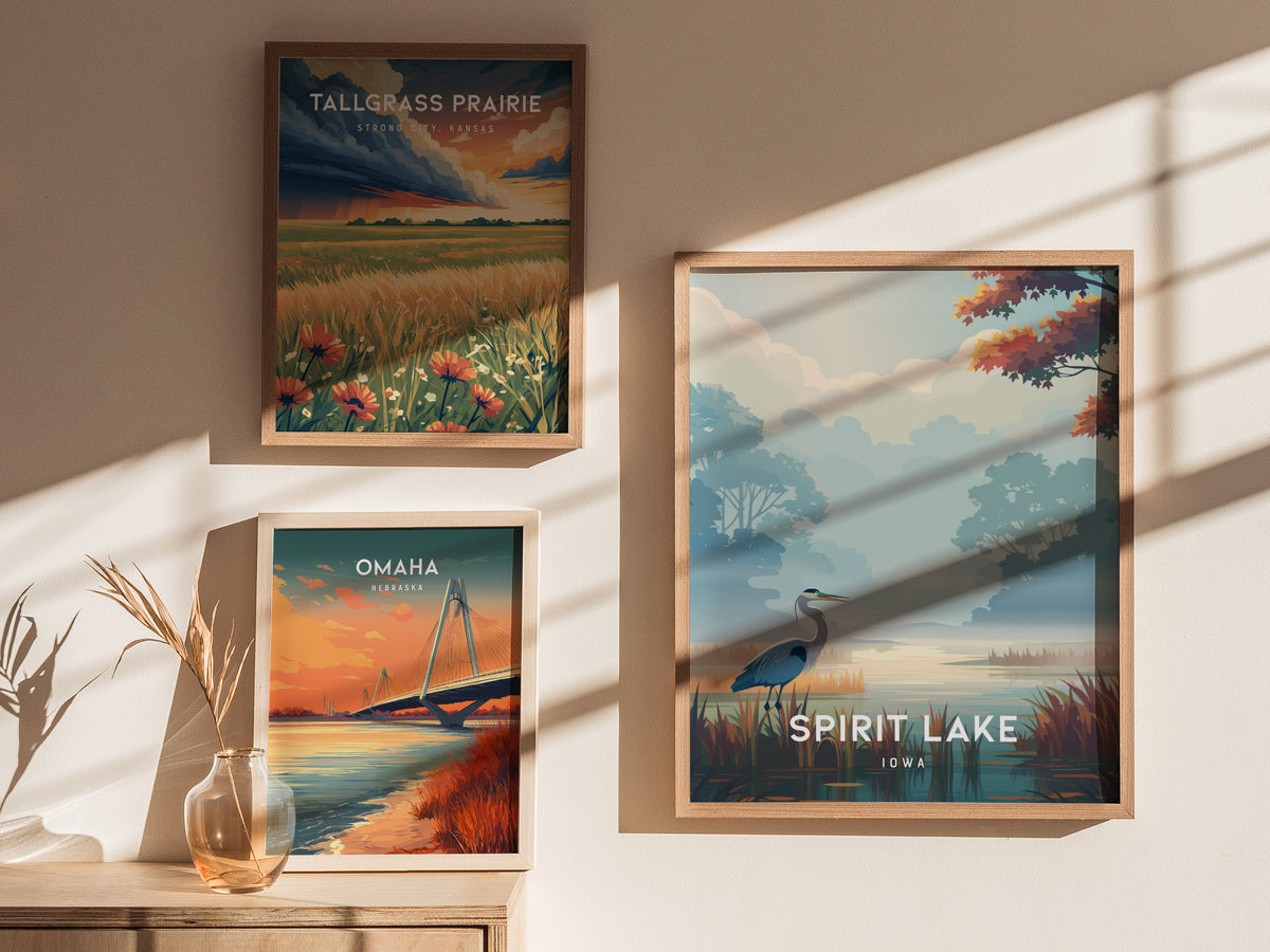 Spirit Lake, Iowa Poster | Lakeside Serenity Destination Print Wall Art — styled in a modern interior
