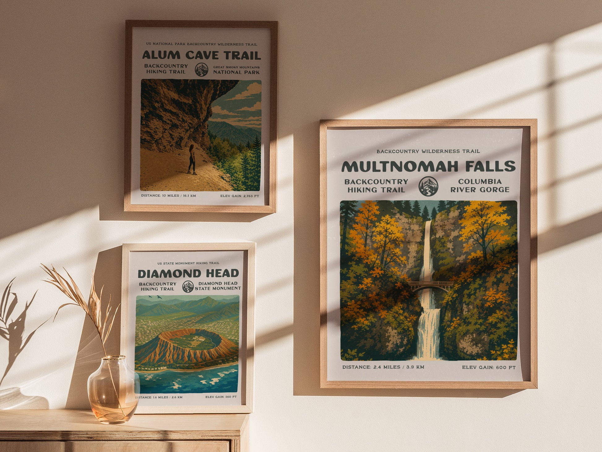Multnomah Falls Poster | Oregon Waterfall Wall Art Print — styled in a modern interior