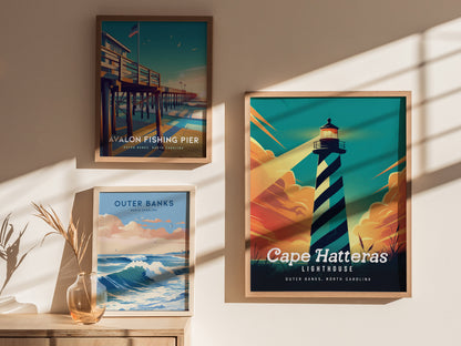Cape Hatteras Lighthouse Poster | Outer Banks Coastal Beach Wall Art | Framed or Unframed