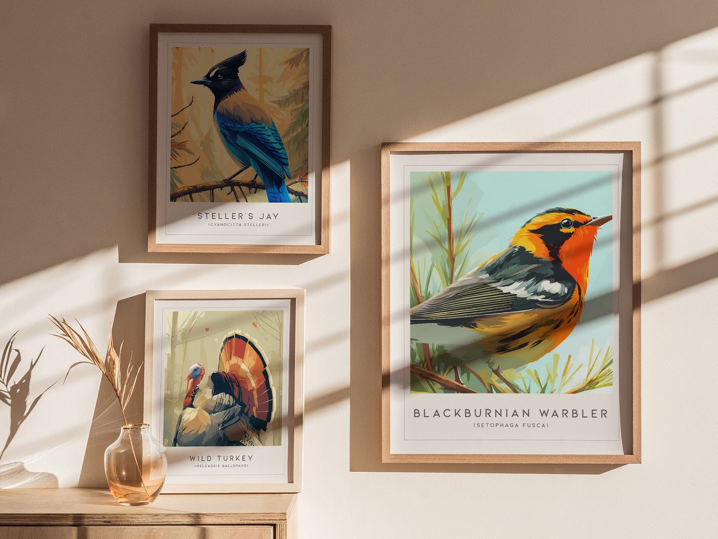 Blackburnian Warbler, Setophaga fusca Poster | Fiery Songbird Nature Print Wall Art — styled in a modern interior