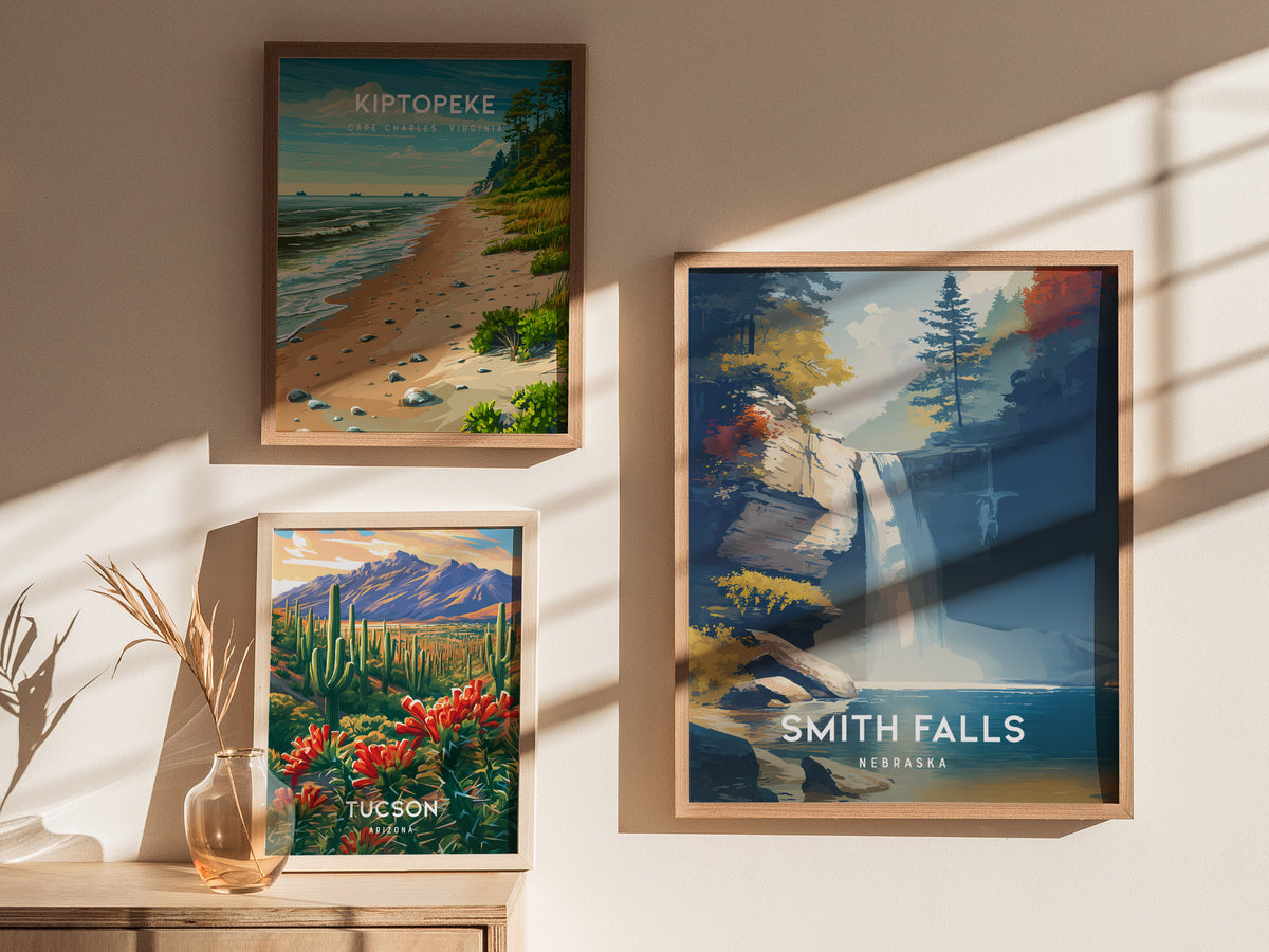 Smith Falls, Nebraska Poster | Waterfall Adventure Destination Print Wall Art — styled in a modern interior