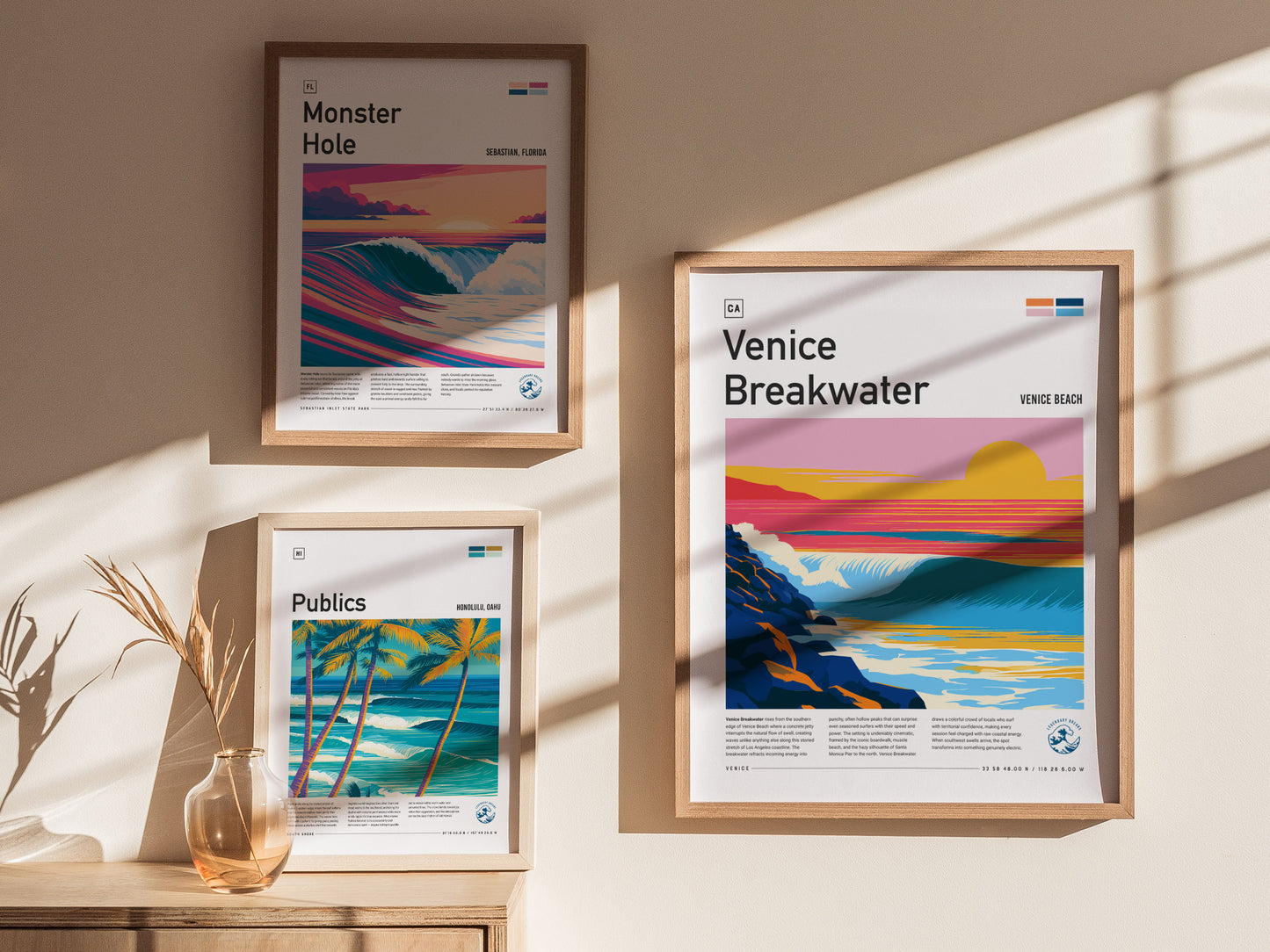 Venice Breakwater, California Poster | Surf & Stone Jetty Coastal Wall Art — styled in a modern interior