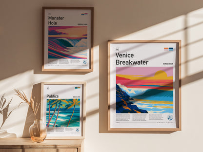 Venice Breakwater, California Poster | Surf & Stone Jetty Coastal Wall Art — styled in a modern interior