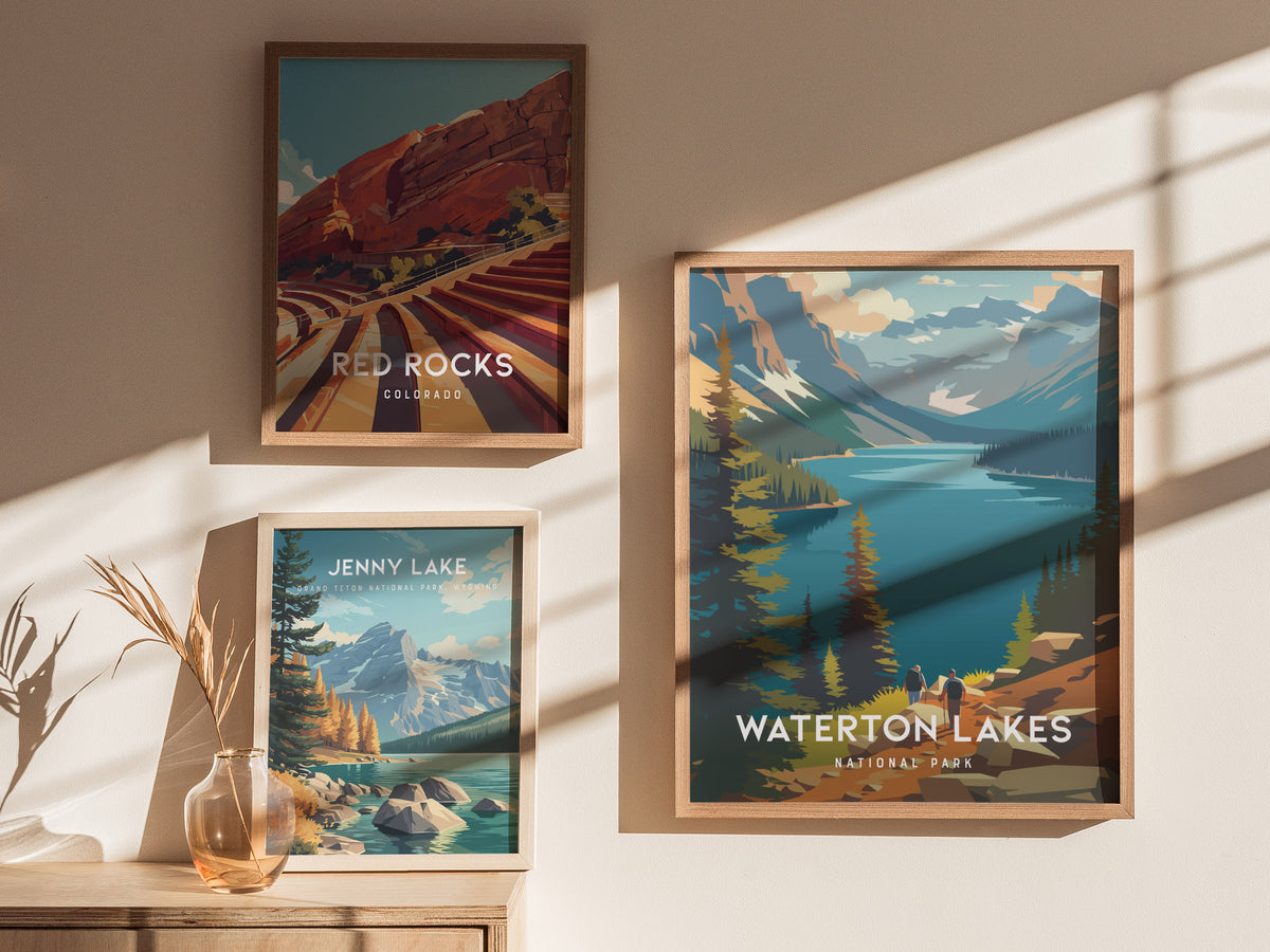Waterton Lakes, National Park Canada Poster | Mountain Lake Destination Print Wall Art — styled in a modern interior