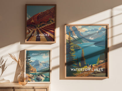 Waterton Lakes, National Park Canada Poster | Mountain Lake Destination Print Wall Art — styled in a modern interior