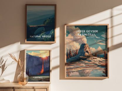 Upper Geyser Basin Trail, Yellowstone National Park Poster | Geothermal Wonders Travel Wall Art — styled in a modern interior