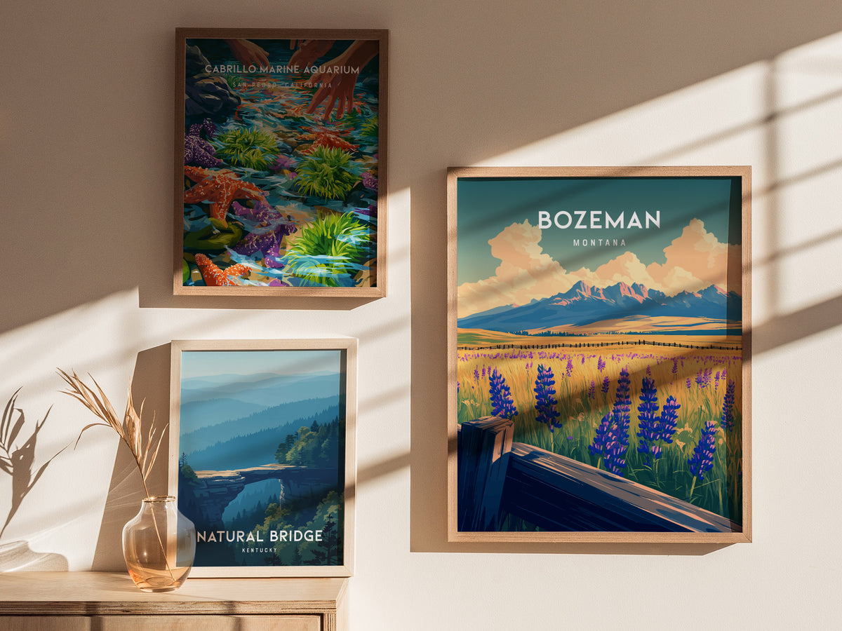 Bozeman, Montana Poster | Mountain Valley Adventure Wall Art — styled in a modern interior