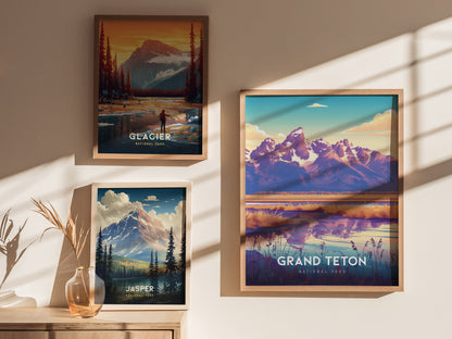 Three framed posters of national parks are displayed on a sunlit wall. Each features vibrant landscapes, including mountains and forests, with titles: Glacier, Jasper, and Grand Teton National Park.