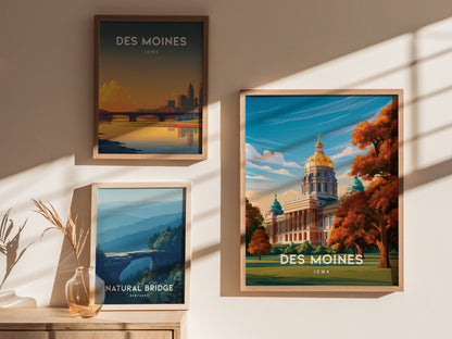 Des Moines, Iowa Poster | Golden Dome & Skyline Destination Print Wall Art — styled in a modern interior