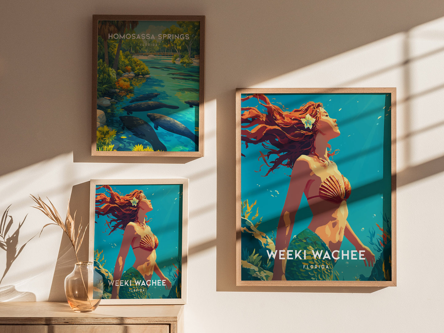A bright and vibrant display of three framed posters on a wall. The central poster features a mermaid with flowing red hair and a shell top, surrounded by lush aquatic plants, while the other two posters depict scenic views.