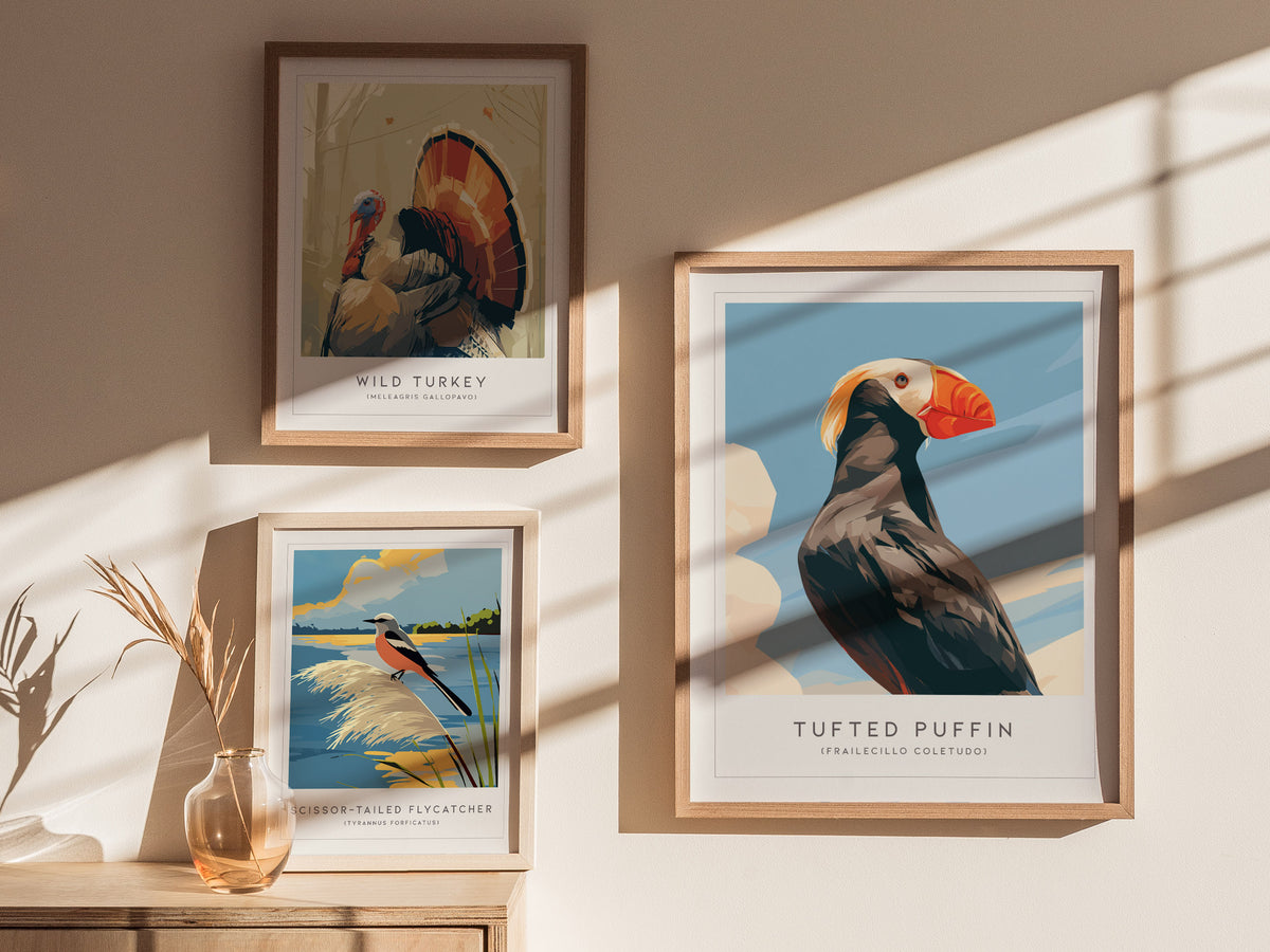 Tufted Puffin, Frailecillo Coletudo Poster | Bold Seabird Wildlife Print Wall Art — styled in a modern interior