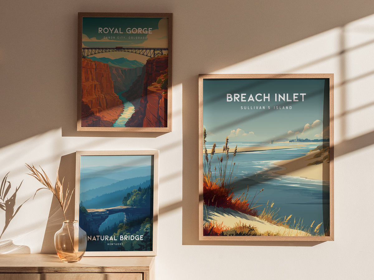 Breach Inlet, Sullivan's Island Poster | Coastal Beach Decor Travel Gift Wall Art — styled in a modern interior