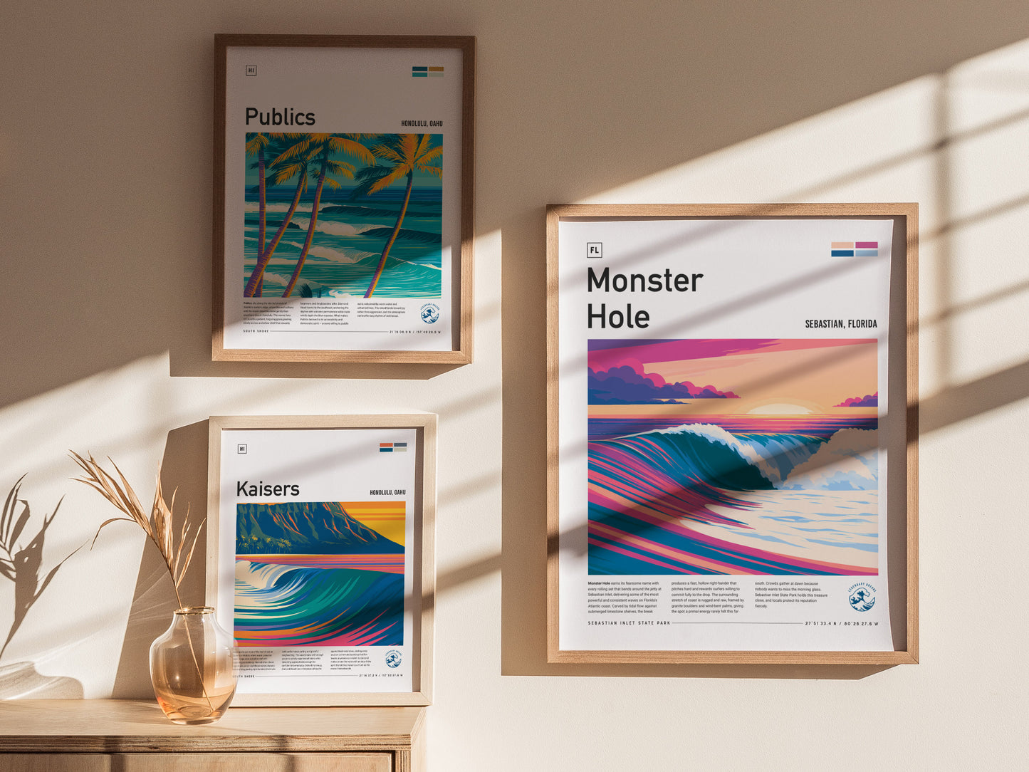 Monster Hole, Florida Poster | Barrel Wave & Tropical Surf Wall Art — styled in a modern interior