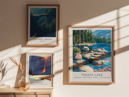 Tenaya Lake Matte Border Poster | Yosemite National Park, California Destination Print — styled in a modern interior