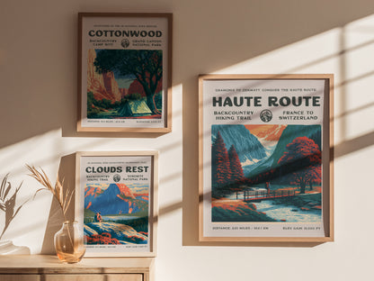 Haute Route, France to Switzerland Poster | Hiker Gift | Alpine Backcountry Trail Wall Art — styled in a modern interior