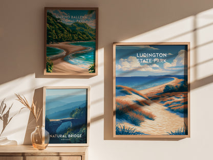 Ludington State Park, Michigan Poster | Dunes & Lighthouse Lakeshore Wall Art — styled in a modern interior
