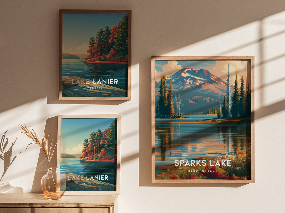 Sparks Lake, Bend, Oregon Poster | Mountain Reflections Vacation Wall Art — styled in a modern interior