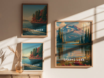 Sparks Lake, Bend, Oregon Poster | Mountain Reflections Vacation Wall Art — styled in a modern interior