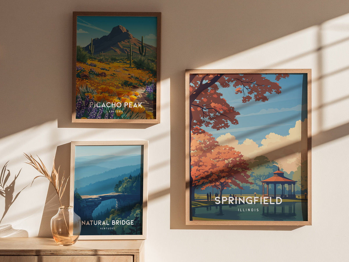 Springfield, Illinois Poster | Capitol Charm & Prairie Skyline Wall Art — styled in a modern interior