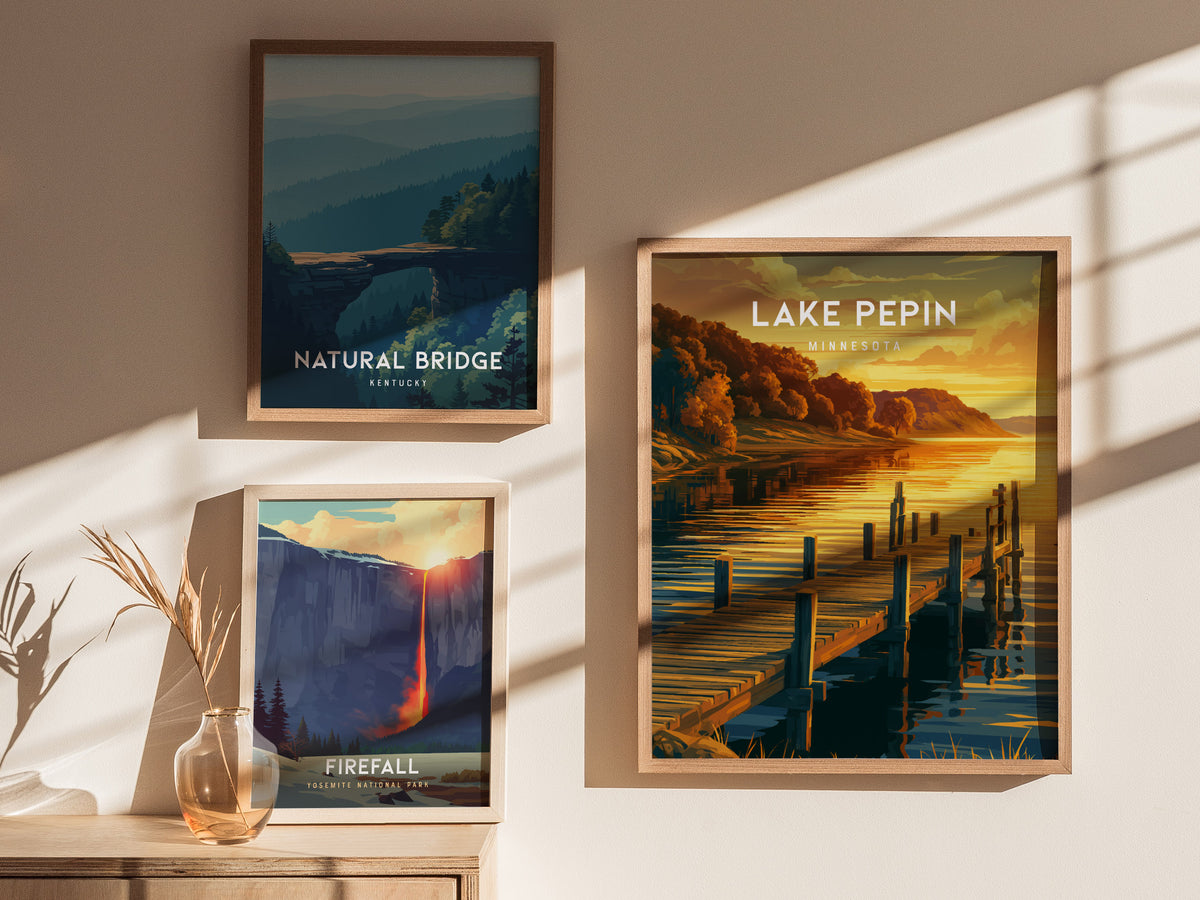 Lake Pepin, Minnesota Poster | Bluffs & Blue Water Travel Wall Art — styled in a modern interior