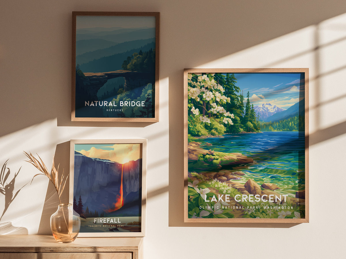 Lake Crescent, Olympic National Park, Washington Poster | Misty Mountain Wilderness Travel Wall Art — styled in a modern inte