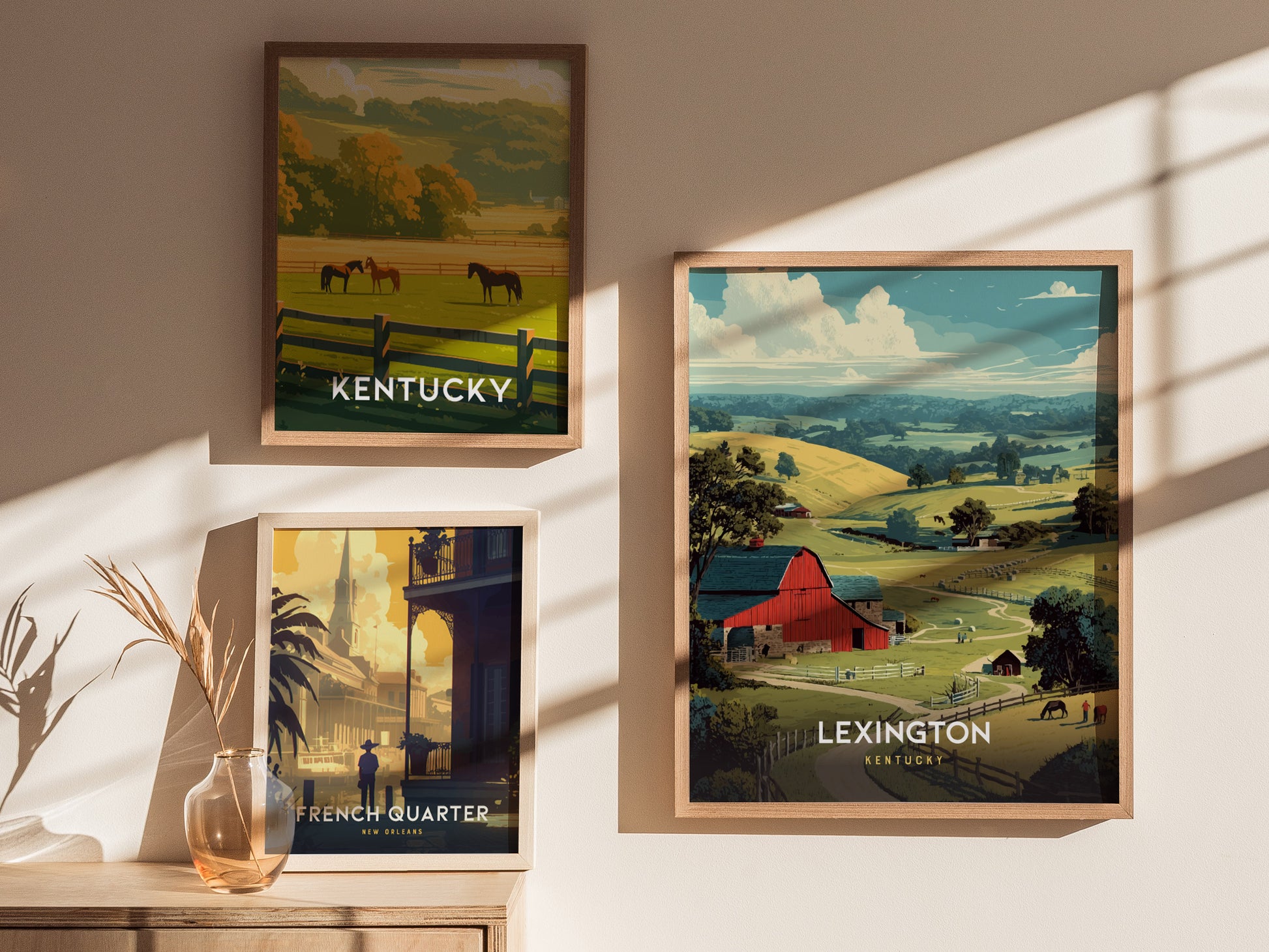 Framed Lexington Kentucky wall art featuring a vibrant red barn, rolling hills, and horses, capturing serene rural travel art.