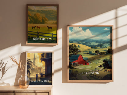 Framed Lexington Kentucky wall art featuring a vibrant red barn, rolling hills, and horses, capturing serene rural travel art.