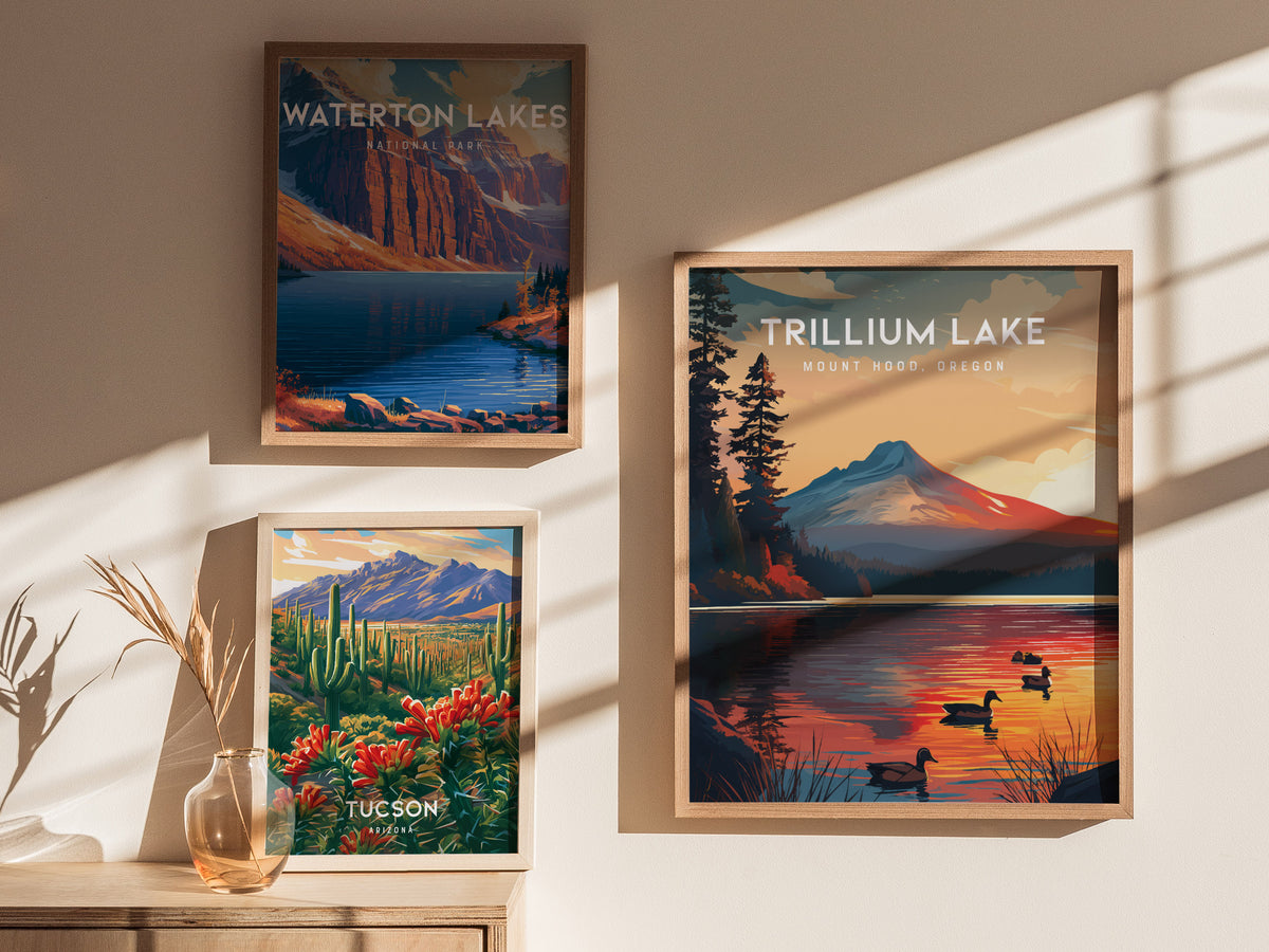 Trillium Lake, Mount Hood, Oregon Poster | Alpine Reflection Destination Print Wall Art — styled in a modern interior