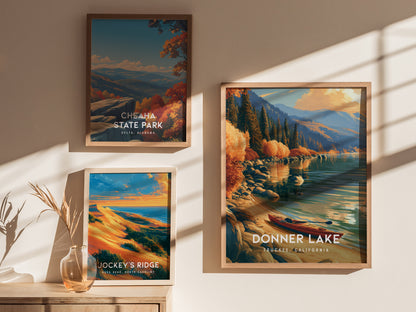 Donner Lake, Truckee, California Poster | Mountain Lake Travel Wall Art — styled in a modern interior