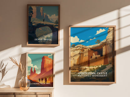 Three framed posters on a wall depict Arizona landmarks: Montezuma Castle, Devils Bridge, and Cathedral Rock Trail. Sunlight casts shadows, enhancing the natural and artistic ambiance.