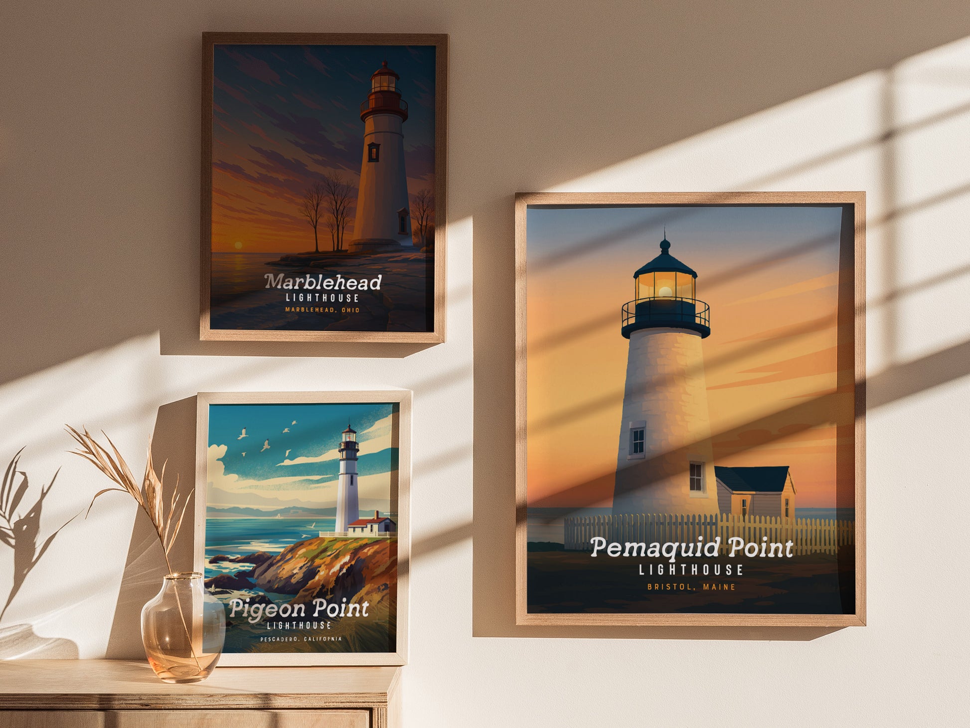 Pemaquid Point Lighthouse in Bristol, Maine, illustrated in warm sunset hues, showcasing serene coastal charm for travel art lovers.