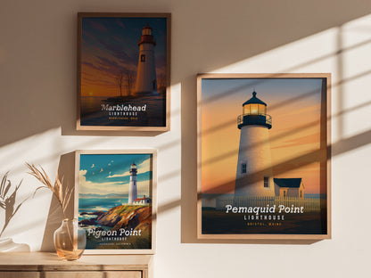 Pemaquid Point Lighthouse in Bristol, Maine, illustrated in warm sunset hues, showcasing serene coastal charm for travel art lovers.