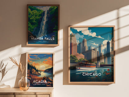 Framed posters of Manoa Falls, Acadia National Park, and Chicagos skyline are displayed on a sunlit wall. A vase with dried plants sits on a wooden surface below.