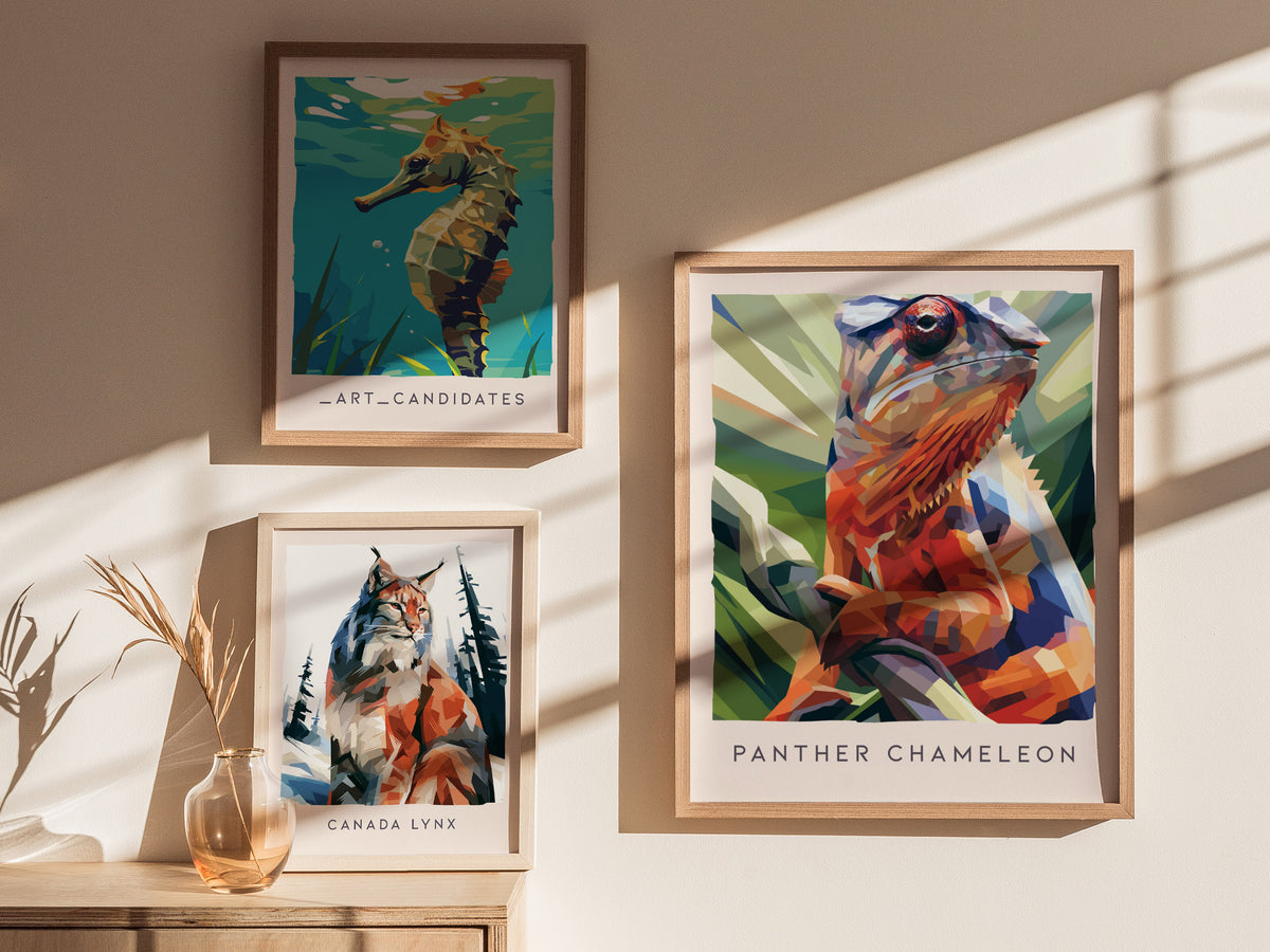 Panther Chameleon Poster | Vibrant Rainforest Reptile Wildlife Wall Art — styled in a modern interior