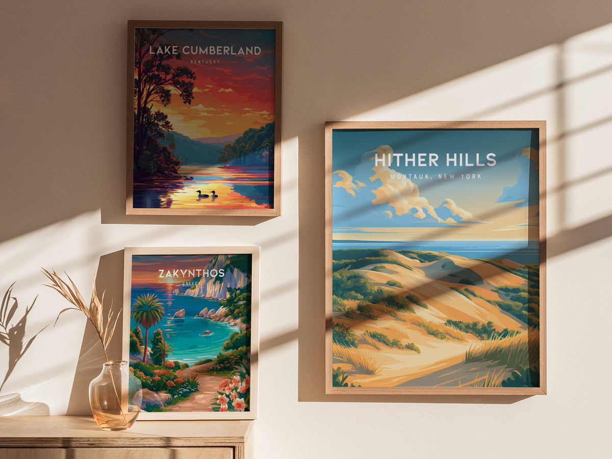Hither Hills Poster | Montauk, New York Vacation Wall Art Framed or Unframed — styled in a modern interior