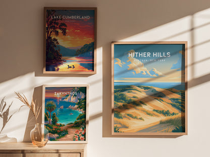Hither Hills Poster | Montauk, New York Vacation Wall Art Framed or Unframed — styled in a modern interior